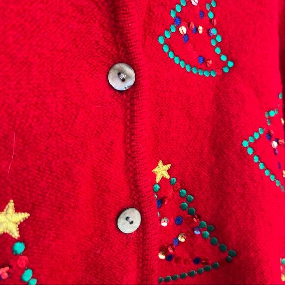 Vintage 90s red wool sequin Ugly Christmas tree embroidered cardigan sweater PL - Picture 3 of 5